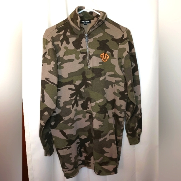 True Religion Half Zip Pullover Sweatshirt Womens Small Camo Dress Fleece Logo - Picture 1 of 10
